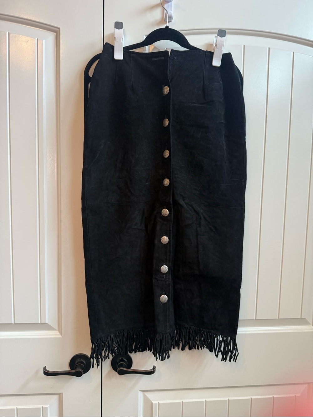Vintage Pioneer Wear Black Button-Front Fringe Suede Midi Skirt